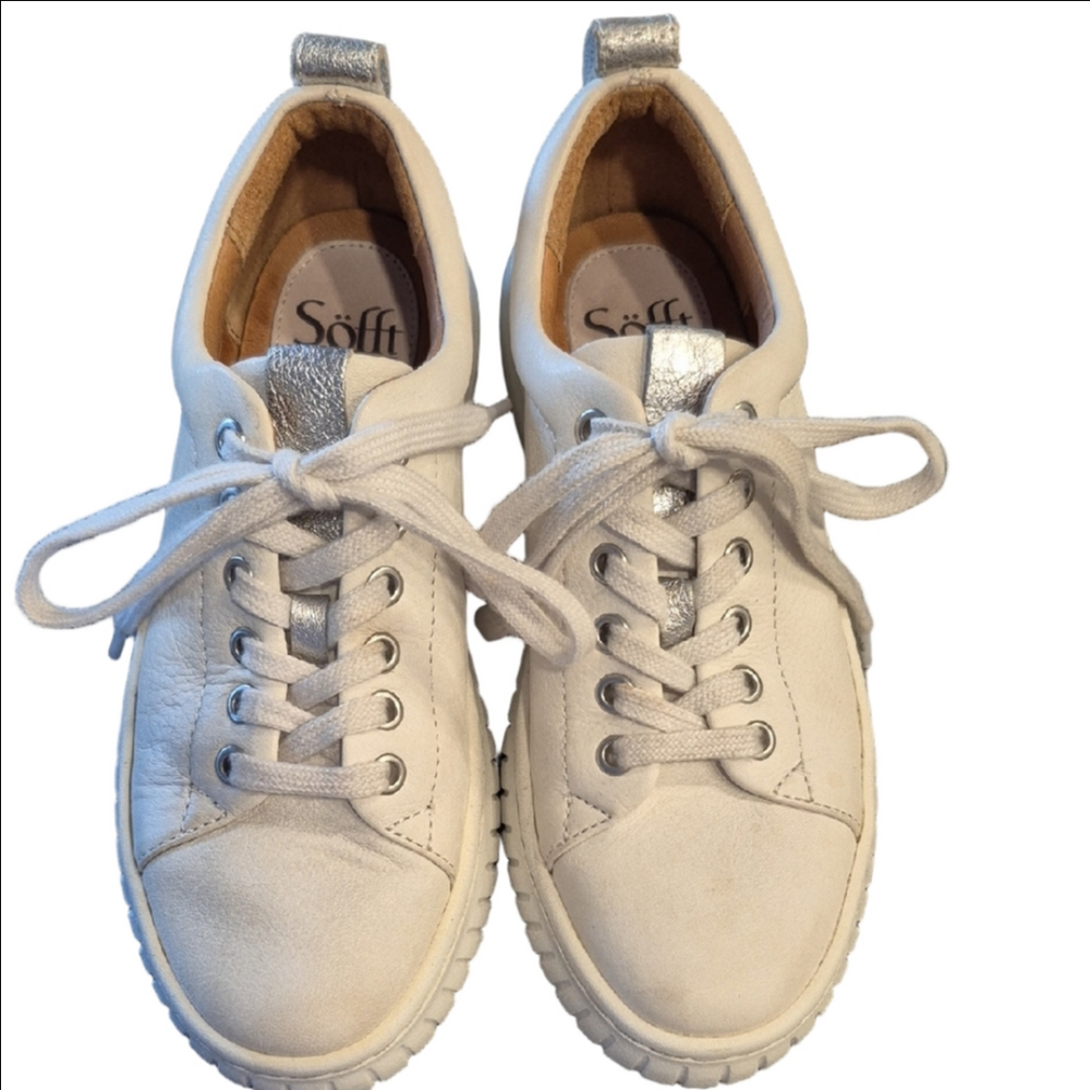 Sofft Potina White Leather Platform Sneakers With Silver Accents